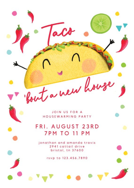 Let's taco bout party - invitación para inauguración de casa nueva