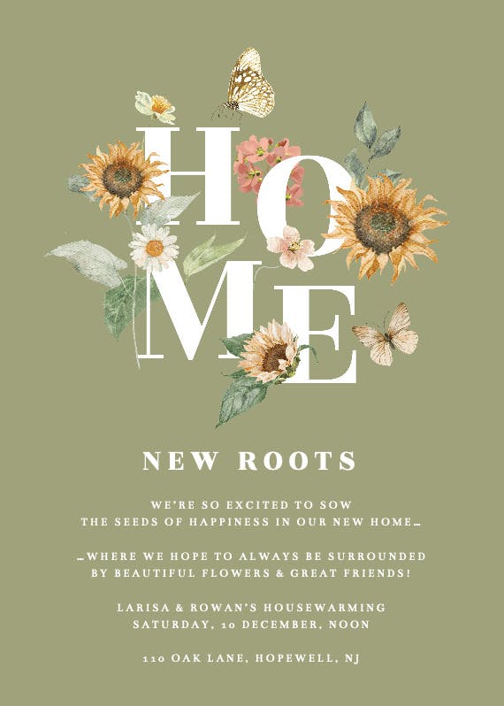 New roots - invitación para inauguración de casa nueva