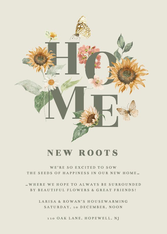 New roots - invitación para inauguración de casa nueva