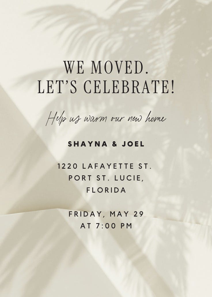 Palm shade - invitación para inauguración de casa nueva