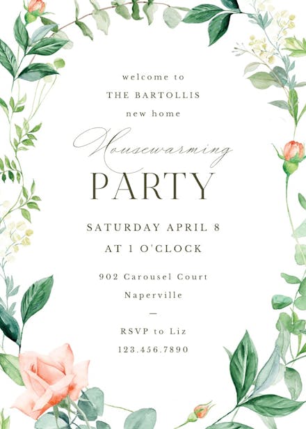 Peach and greenery frame - housewarming invitation