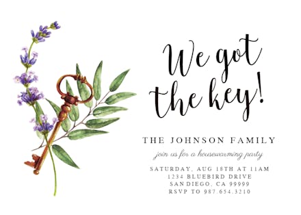 Purple Flowers Key - Housewarming Invitation