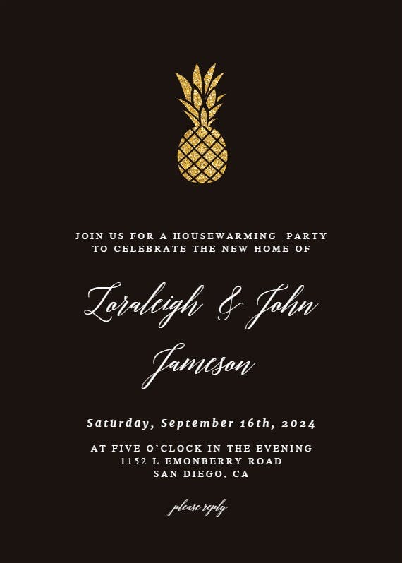Simple gold pineapple -  invitación para inauguración de casa nueva