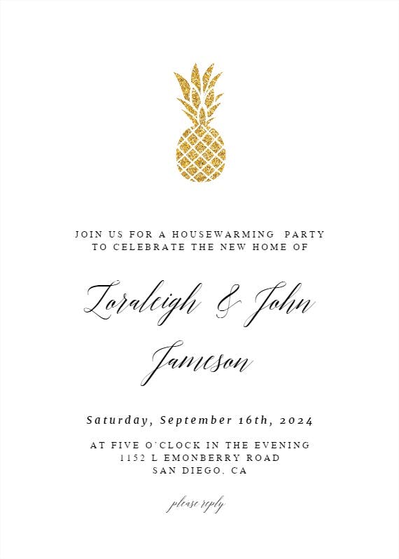 Simple gold pineapple -  invitación para inauguración de casa nueva