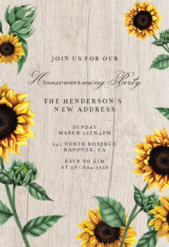 Sunflowers and wood -  invitación para inauguración de casa nueva