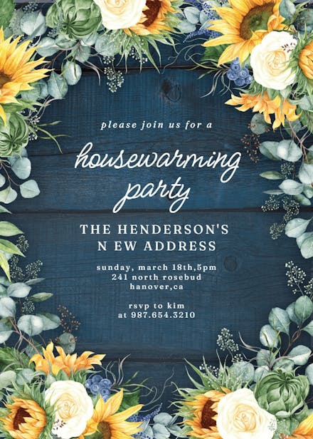 Sunflowers on navy blue wood - housewarming invitation