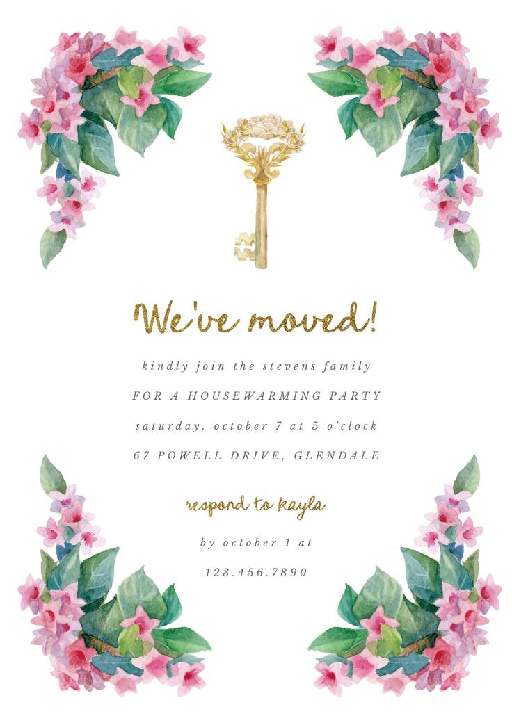 Vintage key & flowers - housewarming invitation