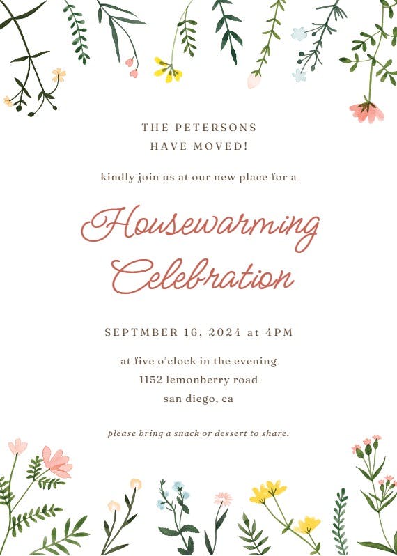 Wildflower watercolor border -  invitación para inauguración de casa nueva