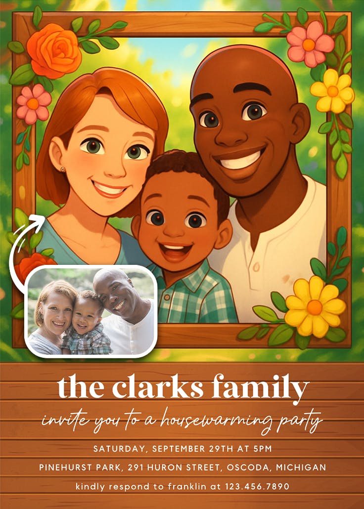 Wooden family photo - invitación para inauguración de casa nueva