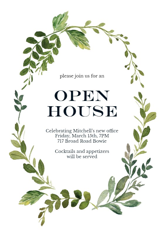 Green wreath -  invitación para casa abierta
