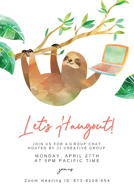 Lets hangout sloth -  invitación de fiesta