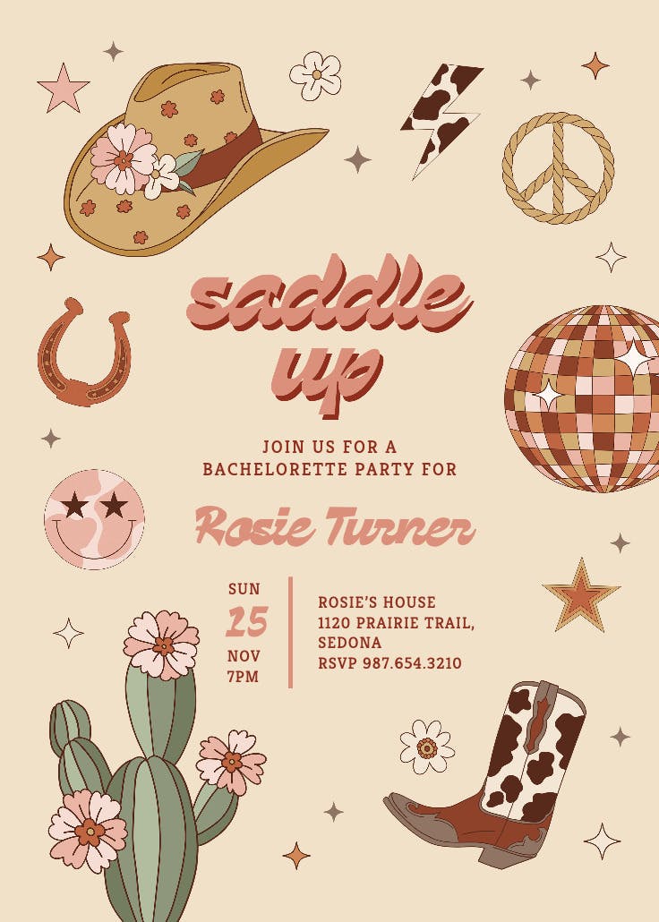 Groovy saddles - bachelorette party invitation