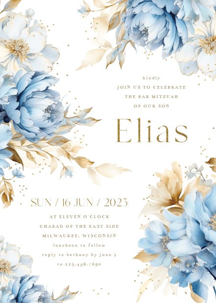 Blue blooms - bar & bat mitzvah invitation