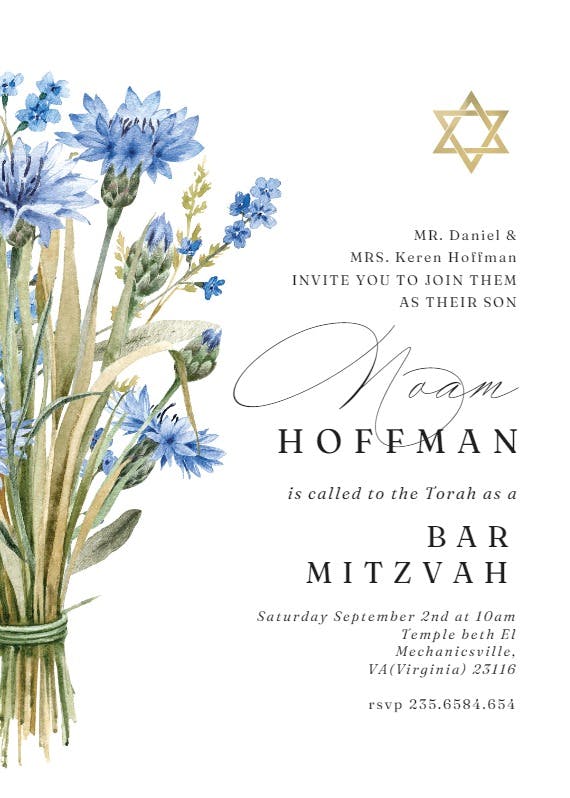 Blue bouquet jewish -  invitación de bar & bat mitzvah