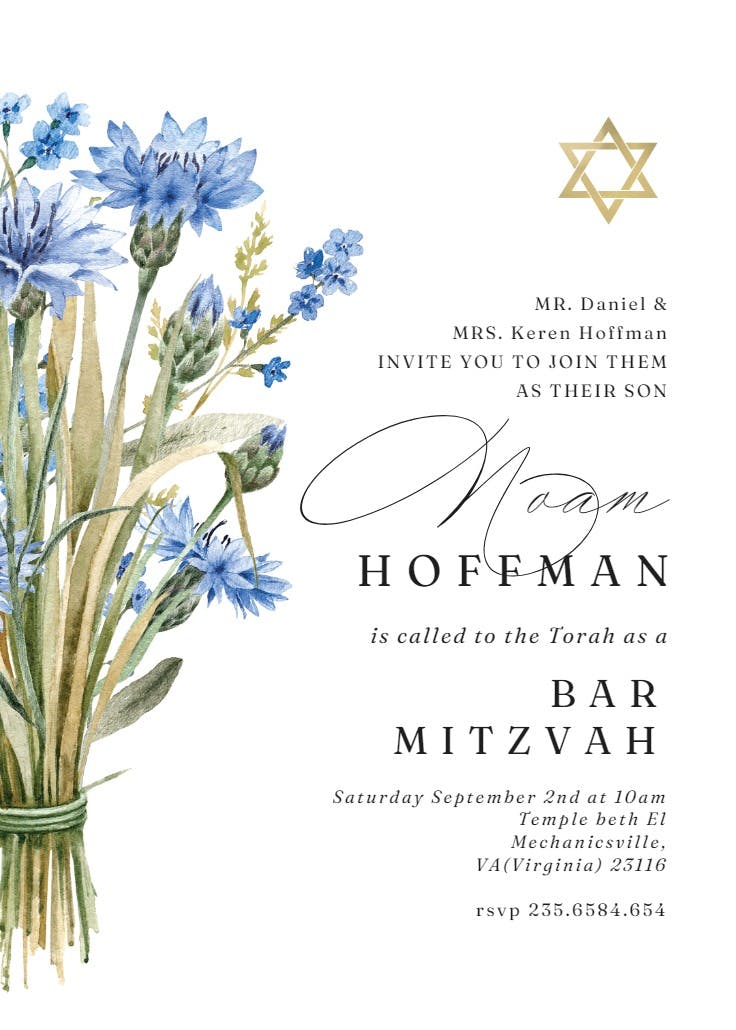 Blue bouquet jewish - bar & bat mitzvah invitation