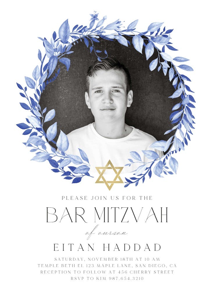 Blue wreath - bar & bat mitzvah invitation