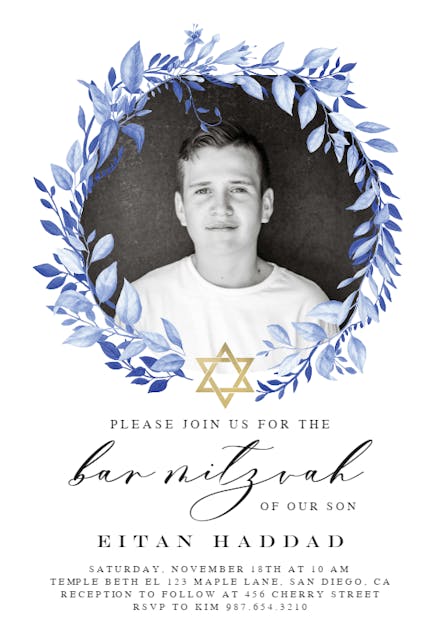 Blue Wreath - Bar Mitzvah & Bat Mitzvah Invitation
