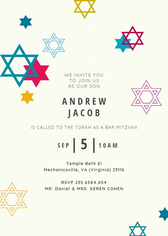 Colorful stars - bar & bat mitzvah invitation