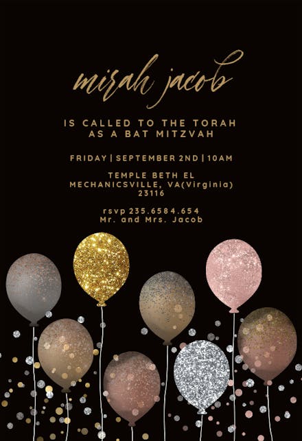 Glitter Balloons - Bar Mitzvah & Bat Mitzvah Invitation
