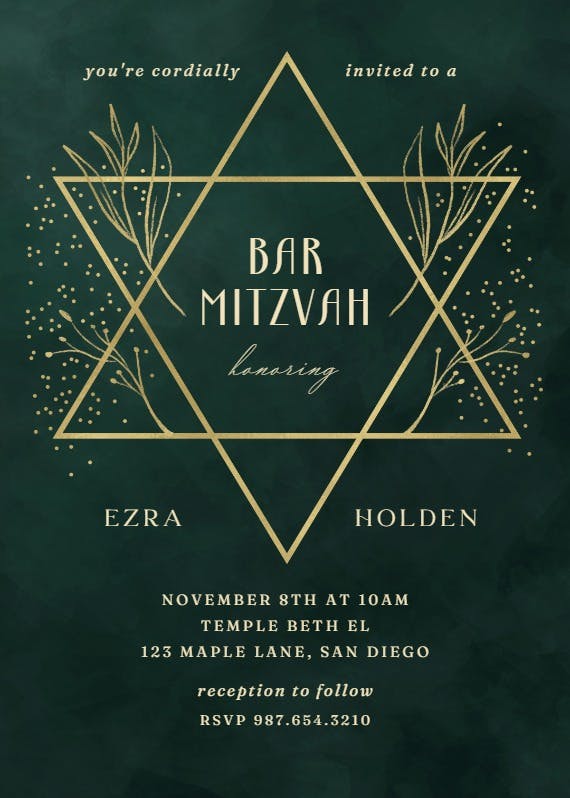 Golden star with branches - bar & bat mitzvah invitation
