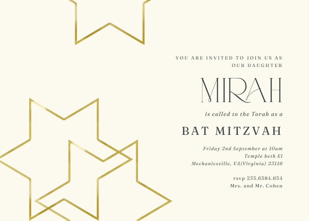 Golden stars - bar & bat mitzvah invitation