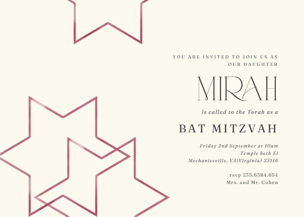 Golden stars - bar & bat mitzvah invitation