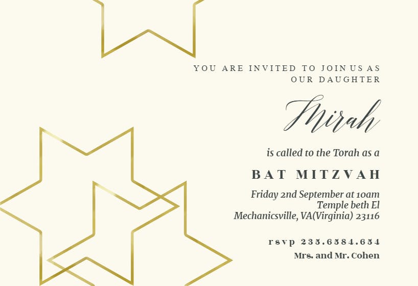 Golden stars - bar & bat mitzvah invitation