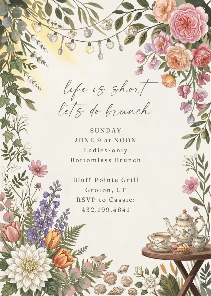 Floral tea pot - brunch- en lunchuitnodiging