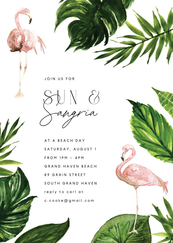 Flamingo & palm leaves - cocktail party invitation