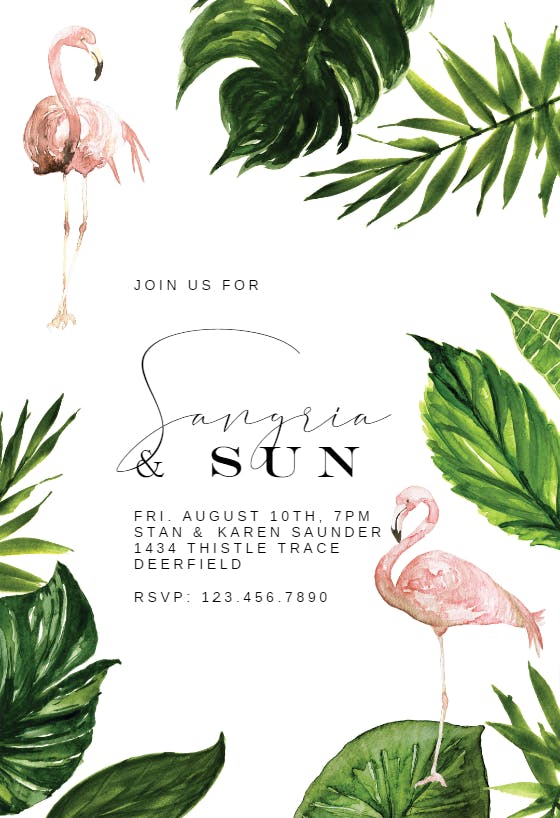 Flamingo & palm leaves -  invitación para fiesta cóctel