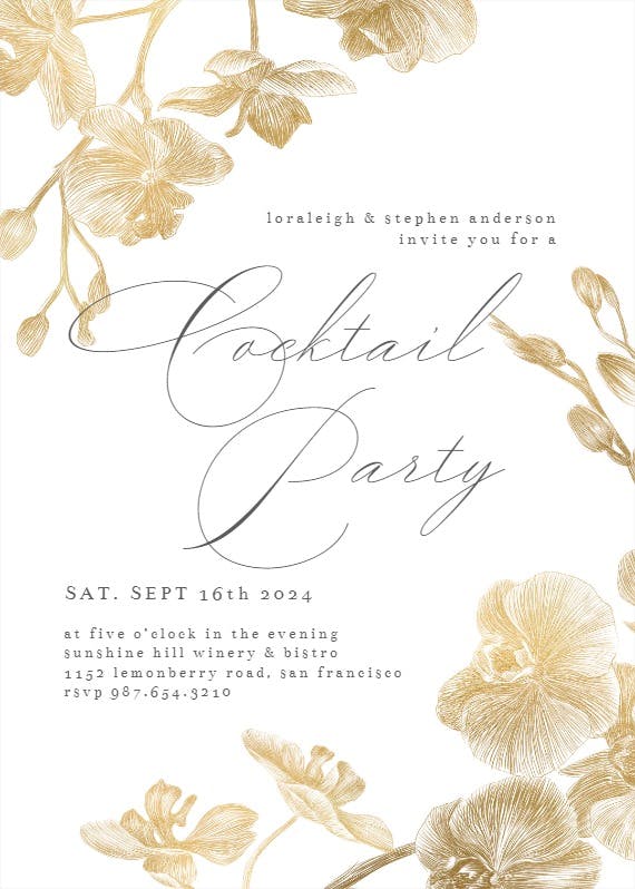 Gold orchids - cocktail party invitation