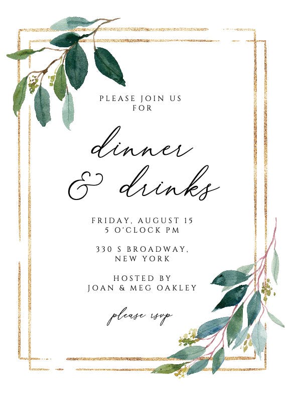 Double frame & leaves -  invitación para fiesta con cena