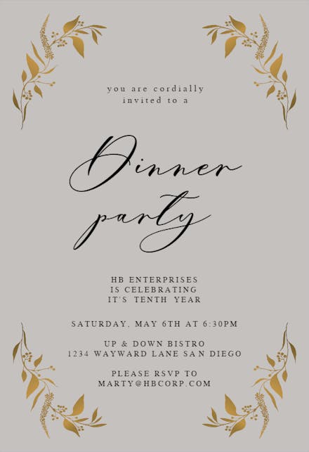 Tiny Gold Botanical - Dinner Party Invitation Template | Greetings Island