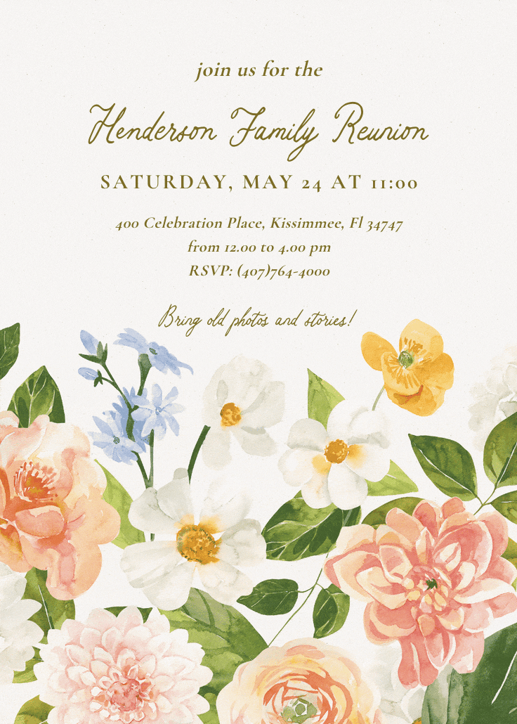 Blooming peonies - family reunion invitation