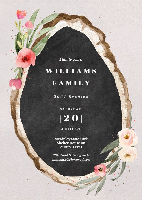 Floral wood slice - family reunion invitation