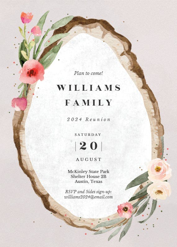 Floral wood slice -  invitación para reunión familiar