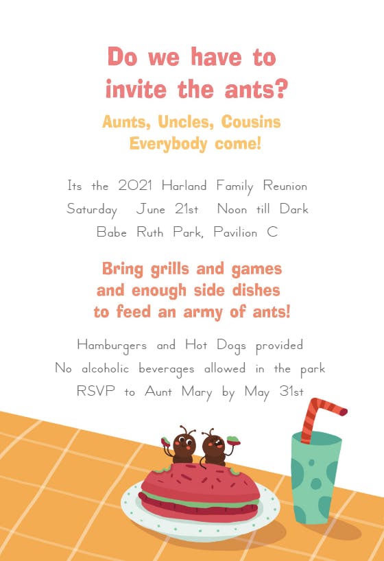 Invite the ants - family reunion invitation