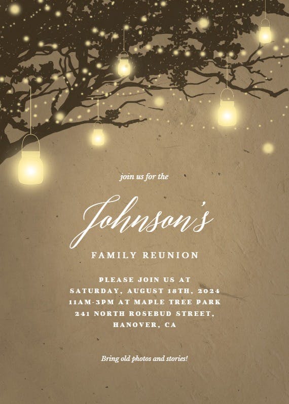 Lights on oak tree - family reunion invitation