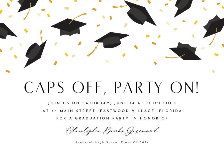 Caps off, party on -  invitación de graduación