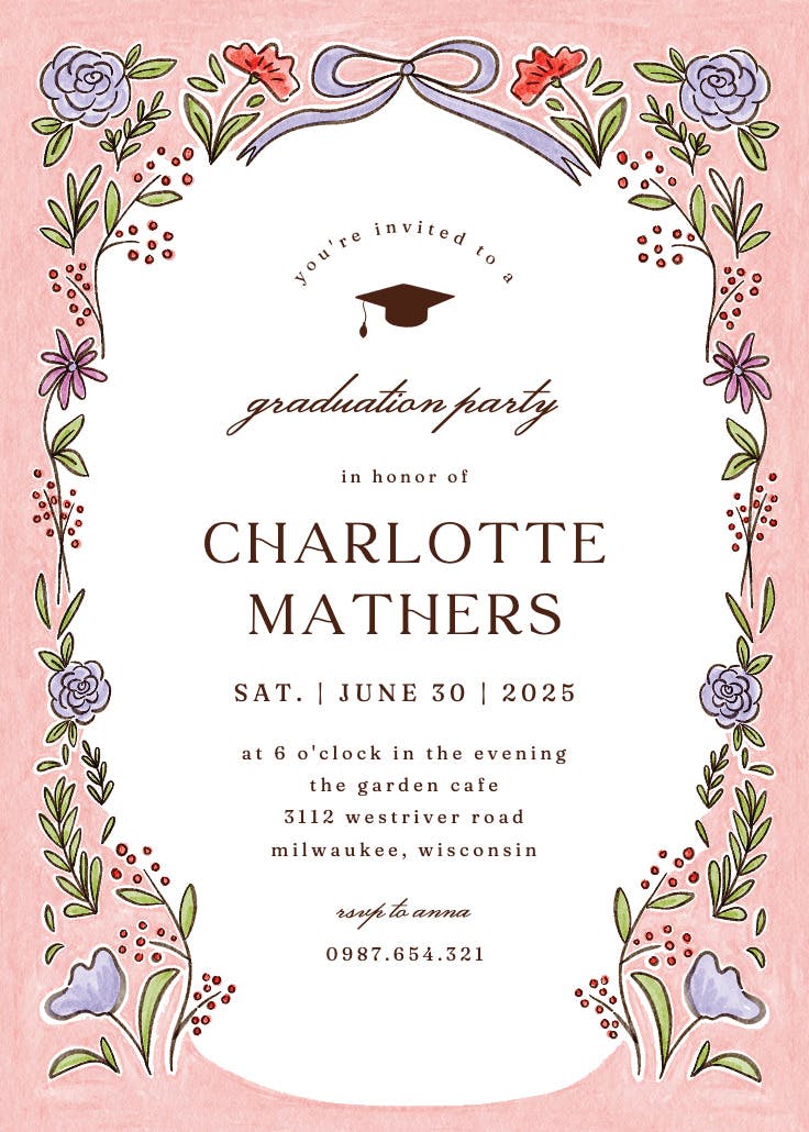 Floral doodle frame - graduation party invitation
