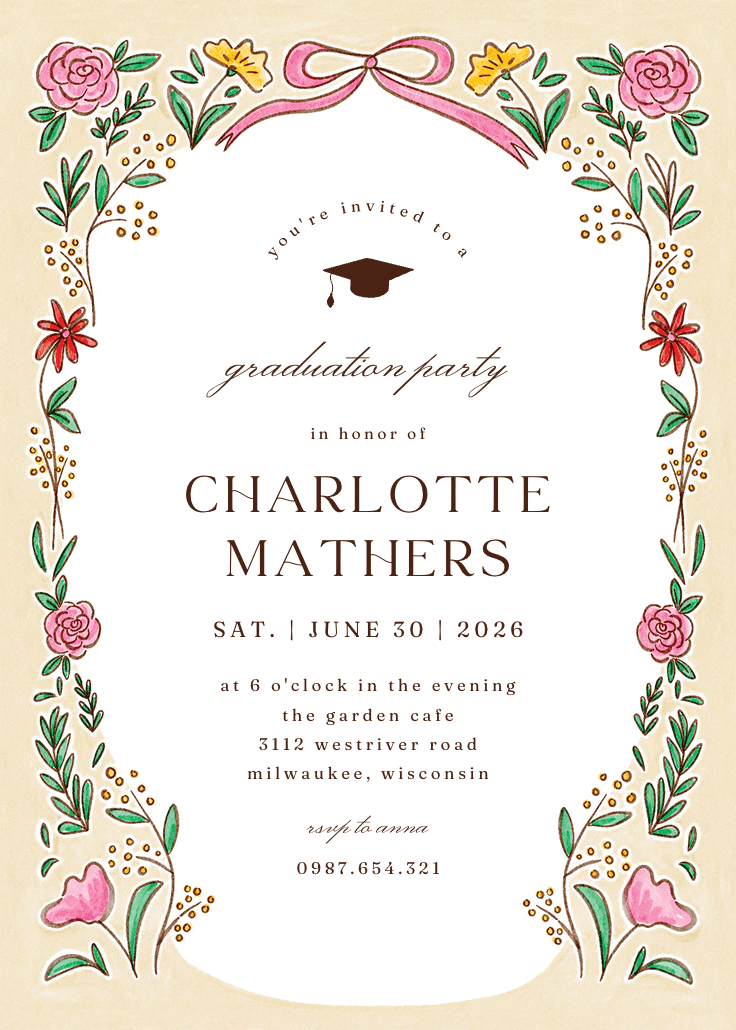 Floral doodle frame - graduation party invitation