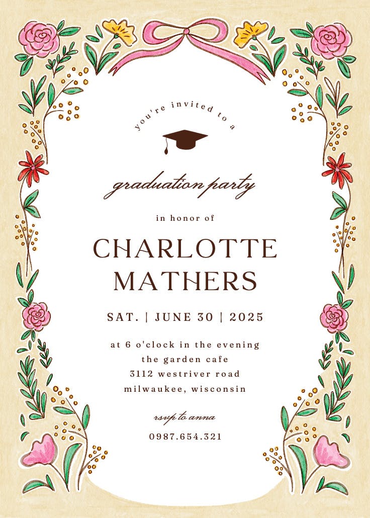Floral doodle frame - graduation party invitation