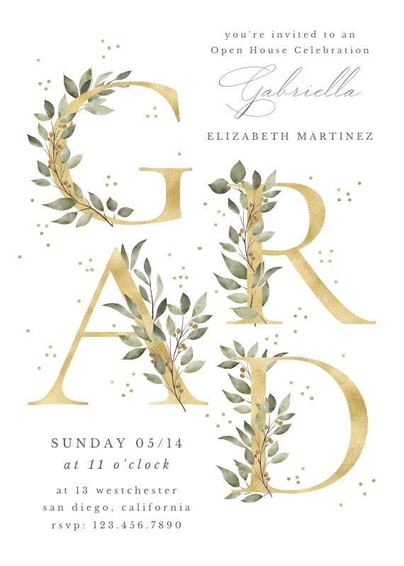 Floral golden alphabet -  invitación de graduación