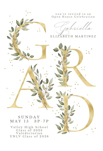 Floral Golden Alphabet - Graduation Party Invitation