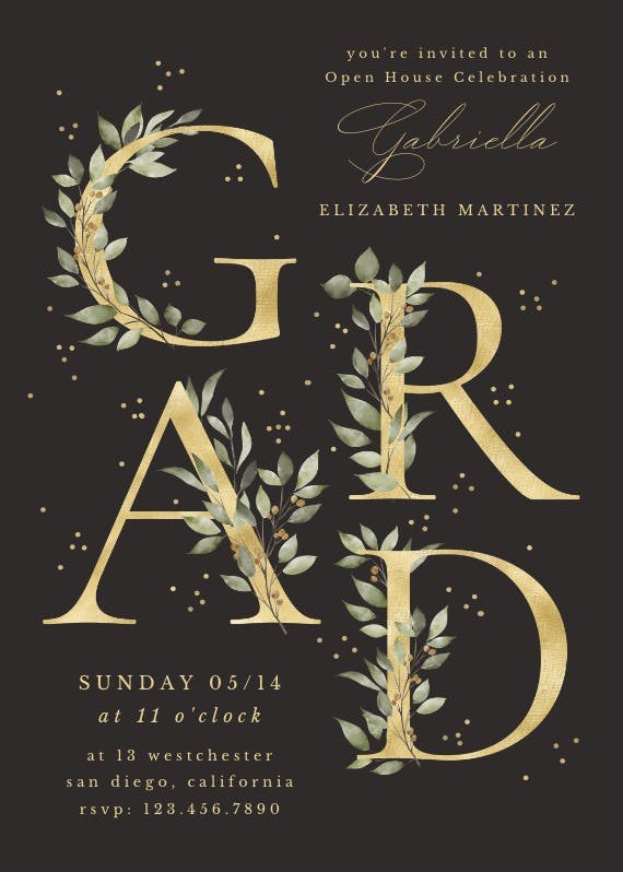 Floral golden alphabet - graduation party invitation