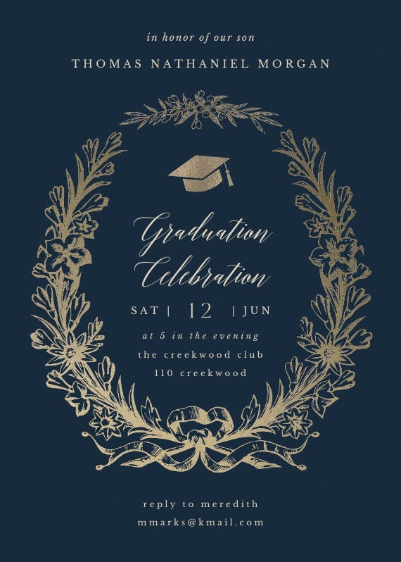 Golden wreath - graduation party invitation