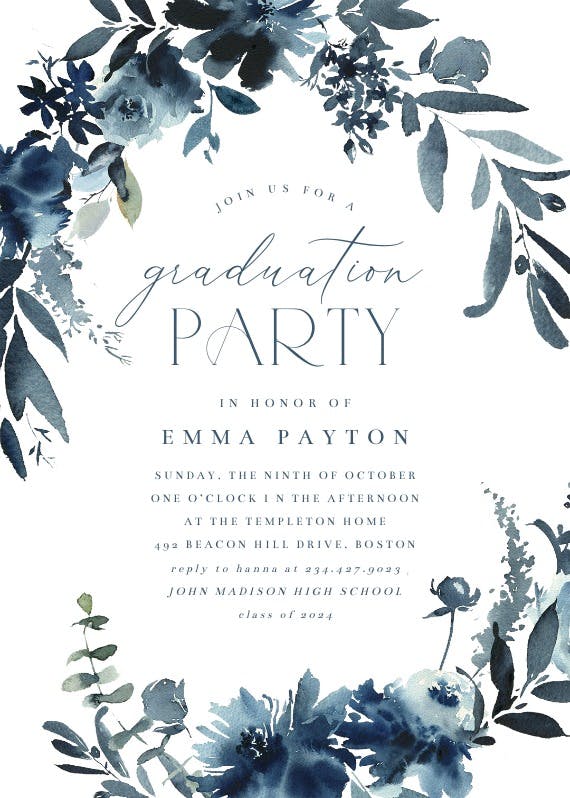 Indigo flowers - graduation party invitation