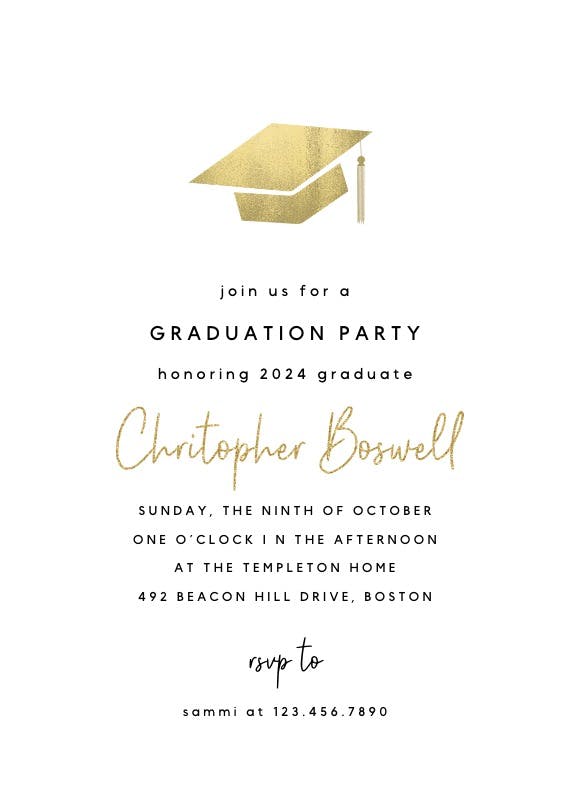 Simple gold hat -  invitación de graduación