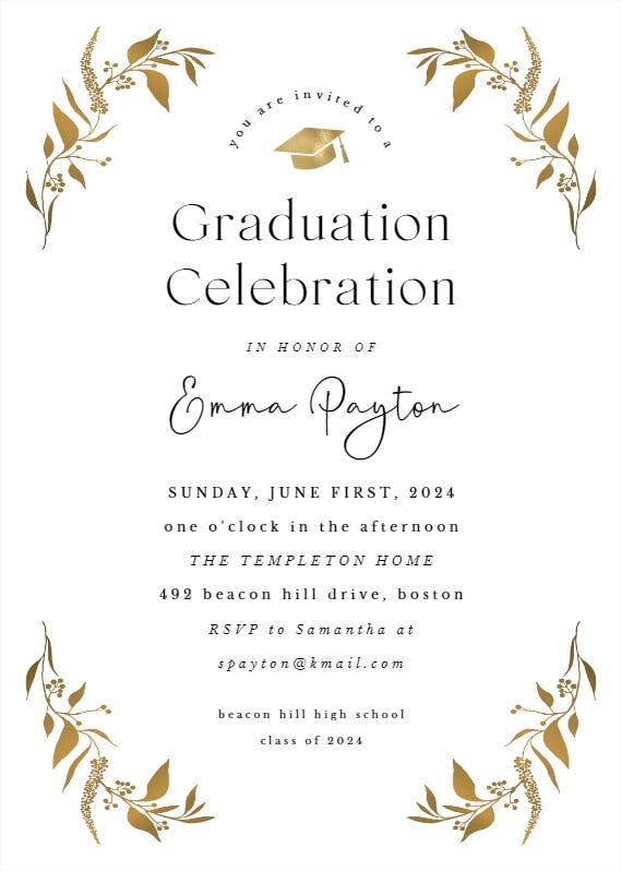 Tiny gold botanical - graduation party invitation