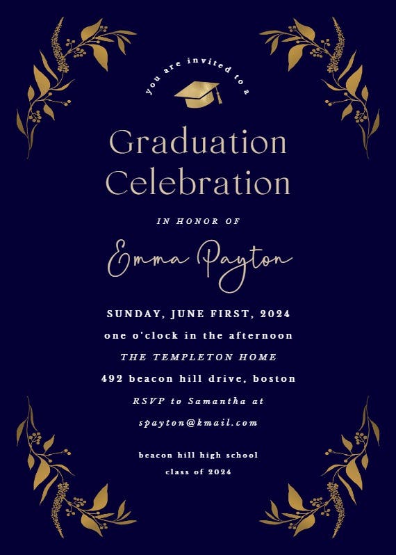 Tiny gold botanical - graduation party invitation